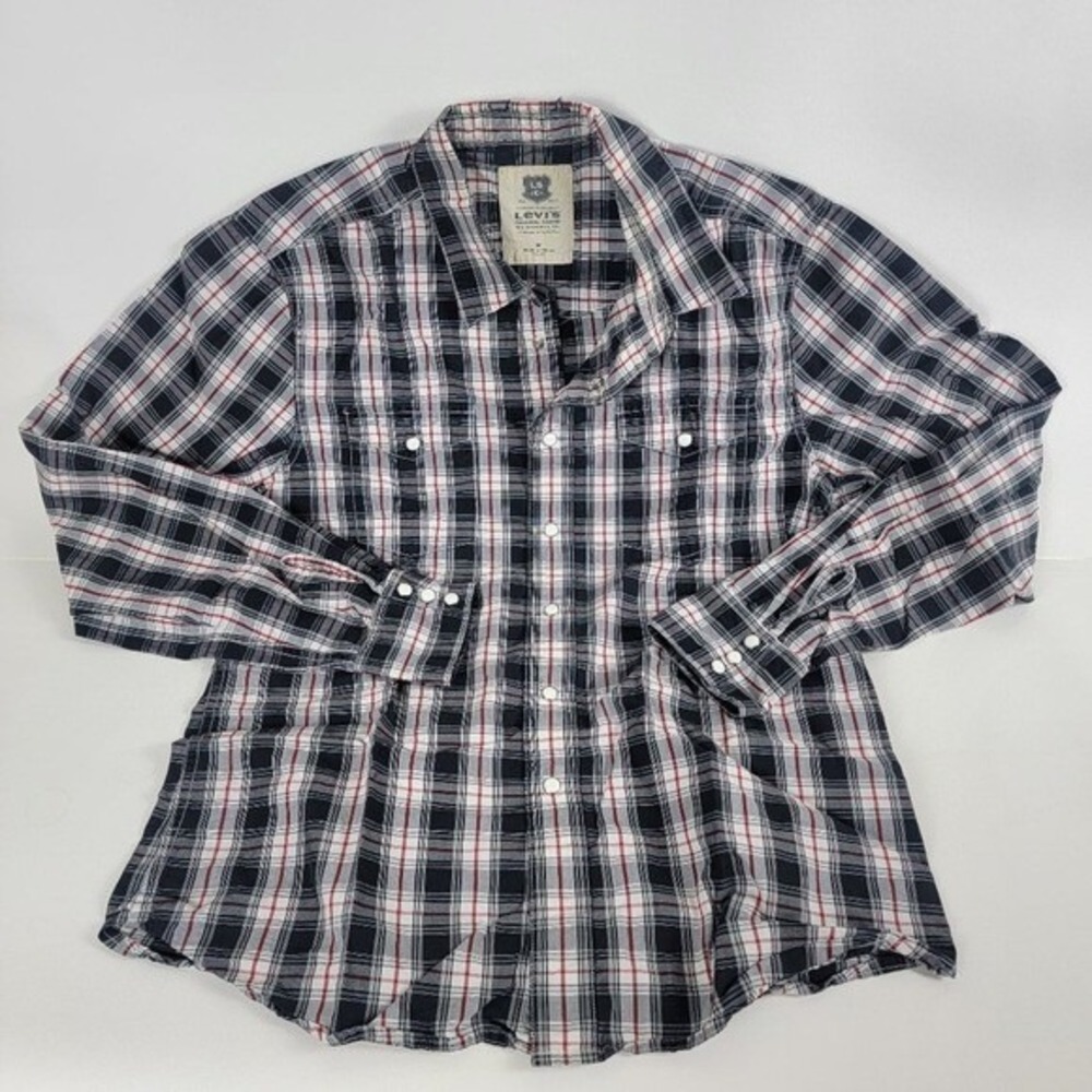 Levis‎ Mens Medium Plaid Western Pearl Snap Long Sleeve Shirt Navy Red White